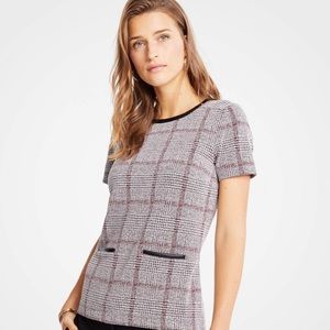 Ann Taylor. Plaid/faux leather knit top and skirt.